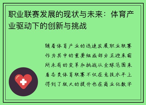 职业联赛发展的现状与未来:体育产业驱动下的创新与挑战 职业联赛发展的现状与未来:体育产业驱动下的创新与挑战