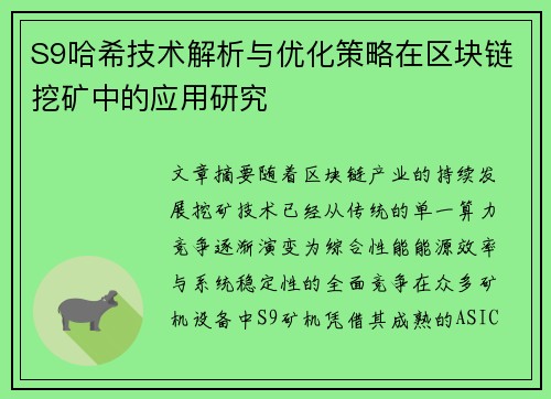 S9哈希技术解析与优化策略在区块链挖矿中的应用研究