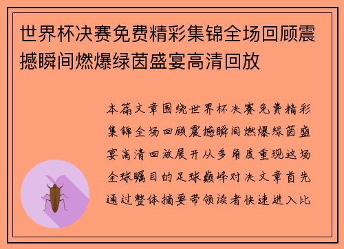 世界杯决赛免费精彩集锦全场回顾震撼瞬间燃爆绿茵盛宴高清回放 世界杯决赛免费精彩集锦全场回顾震撼瞬间燃爆绿茵盛宴高清回放