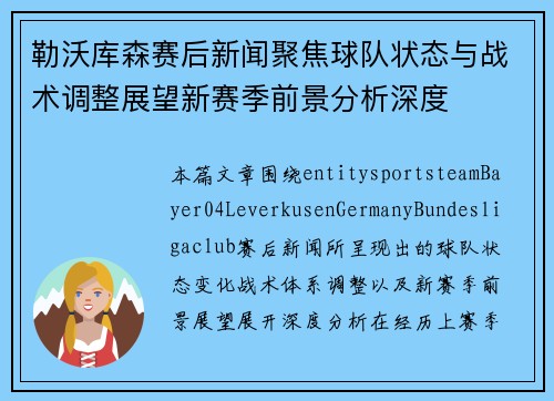 勒沃库森赛后新闻聚焦球队状态与战术调整展望新赛季前景分析深度 勒沃库森赛后新闻聚焦球队状态与战术调整展望新赛季前景分析深度